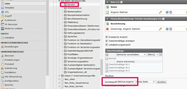 Suchfunktionen im Backend