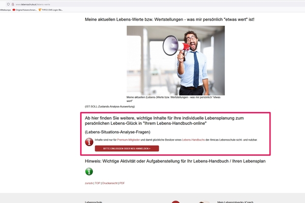 User wird aufgefordert, sich einzuloggen oder neu anzumelden, weil die Inhalte nur für "Premium-Mitglieder" von exklusiven Club der Amicas Lebensschule einzusehen sind.